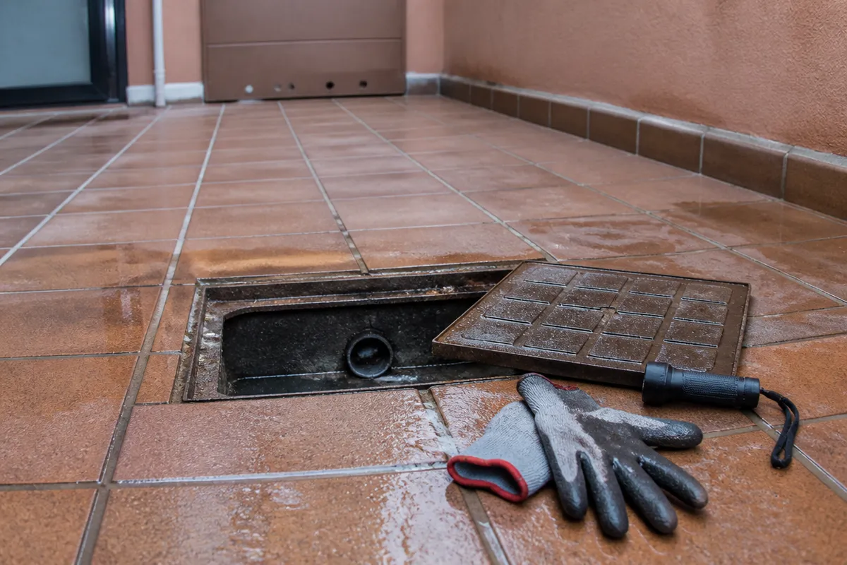 Arqueta de registro abierta en un patio, con linterna y guantes junto al brocal