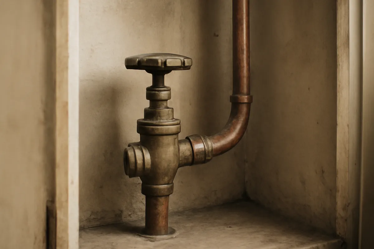 Detalle de llave de paso general de vivienda con volante y tubería de cobre