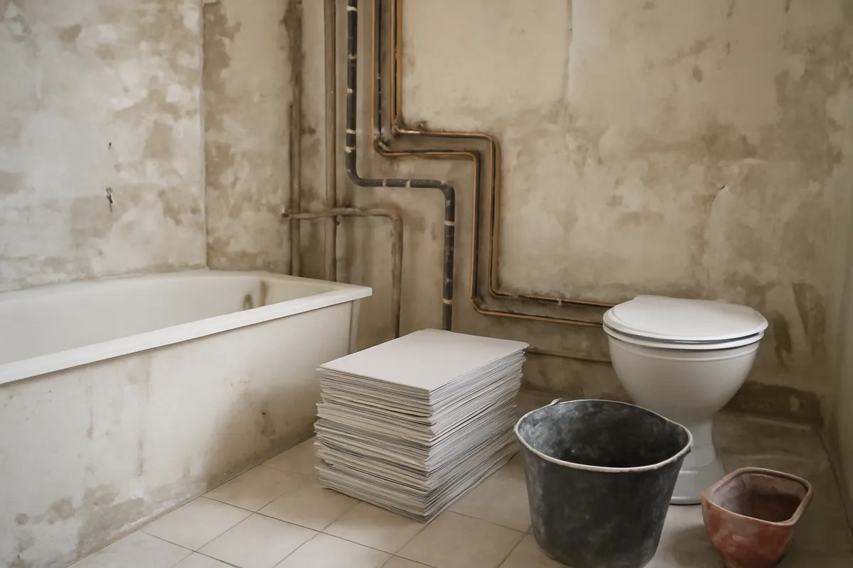 Instalación de fontanería en baño durante la obra