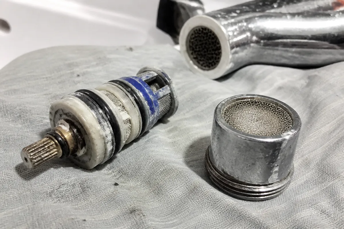 Cartucho termostático y filtro de grifo de ducha con restos de cal