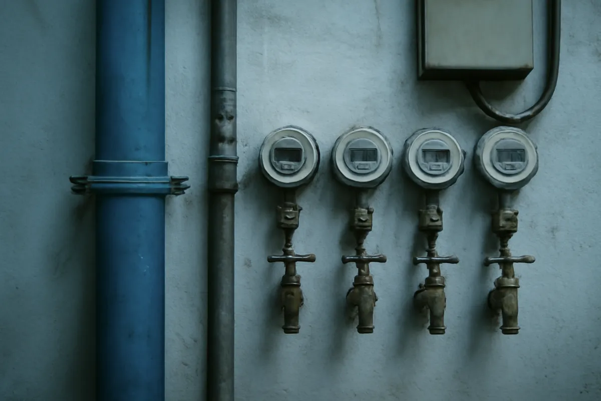 Columna de agua y llaves en cuarto de contadores de un edificio