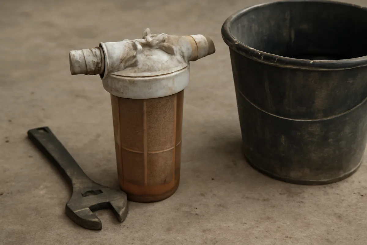 Vaso de filtro de agua con malla y sedimento acumulado