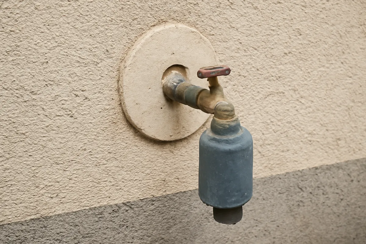 Toma de agua empotrada en fachada con llave de corte