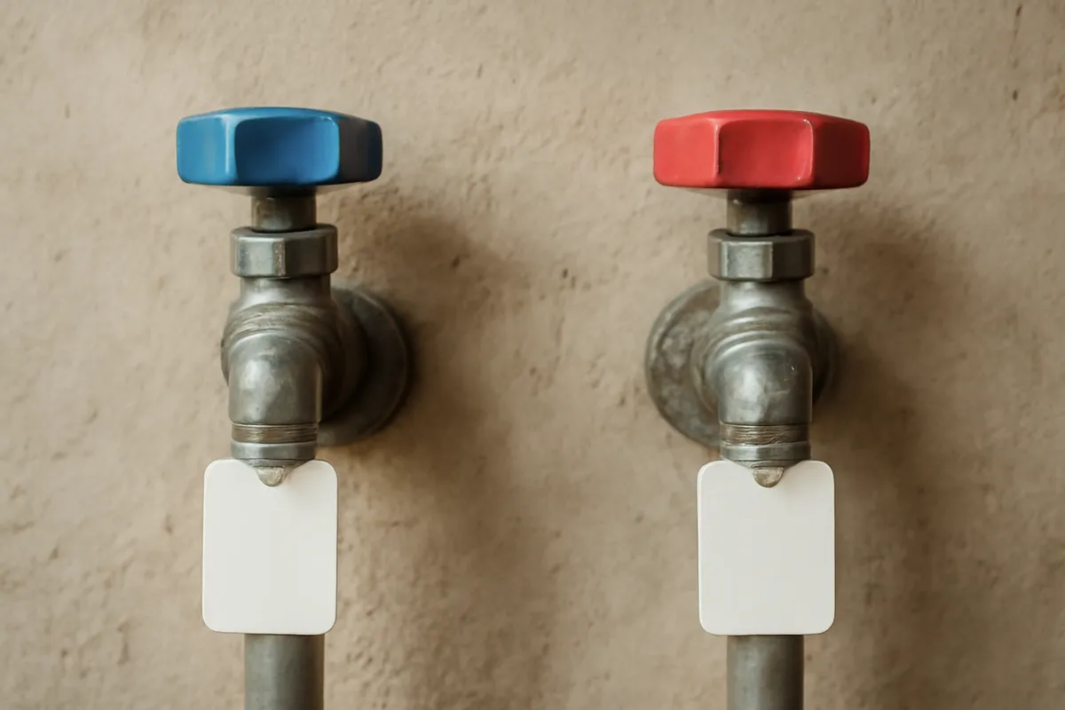 Llaves de paso de agua fría y caliente cerradas y etiquetadas