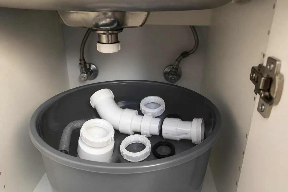 Sifón de lavabo desmontado sobre un cubo con juntas a la vista