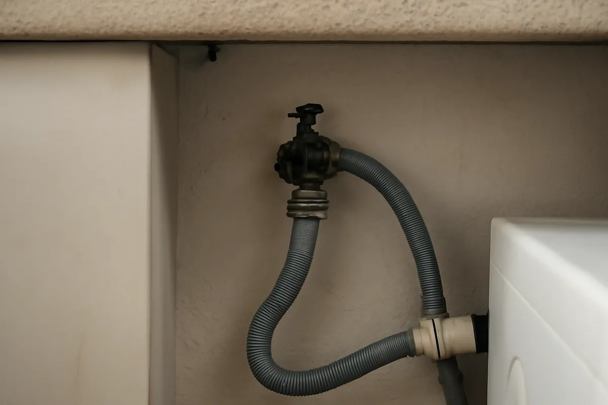 Toma de agua y flexo de lavadora bajo la encimera