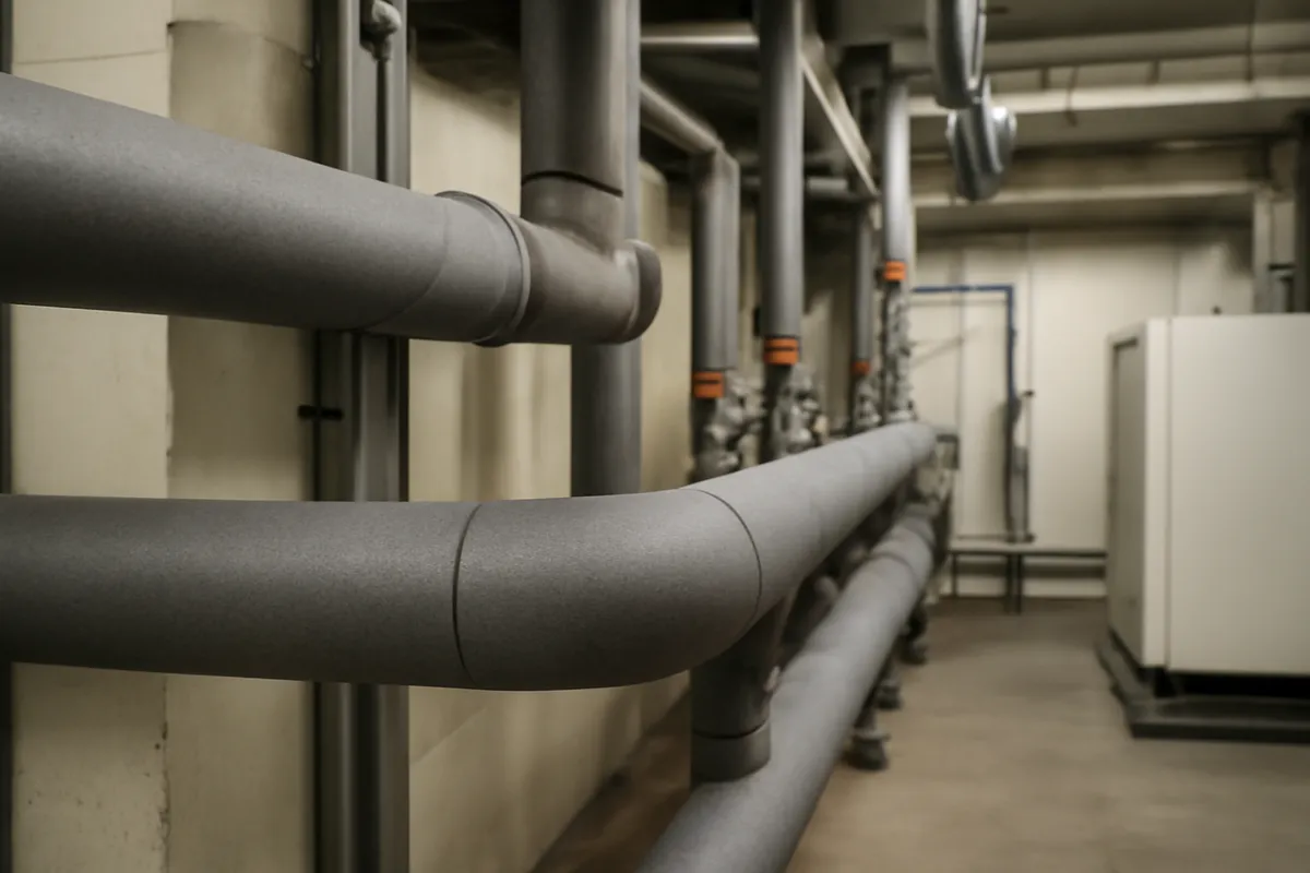 Tubería de agua caliente con aislamiento térmico en cuarto técnico