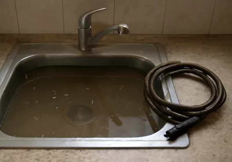 Fregadero con agua retenida y herramientas de desatasco sobre la encimera en una cocina de Madrid