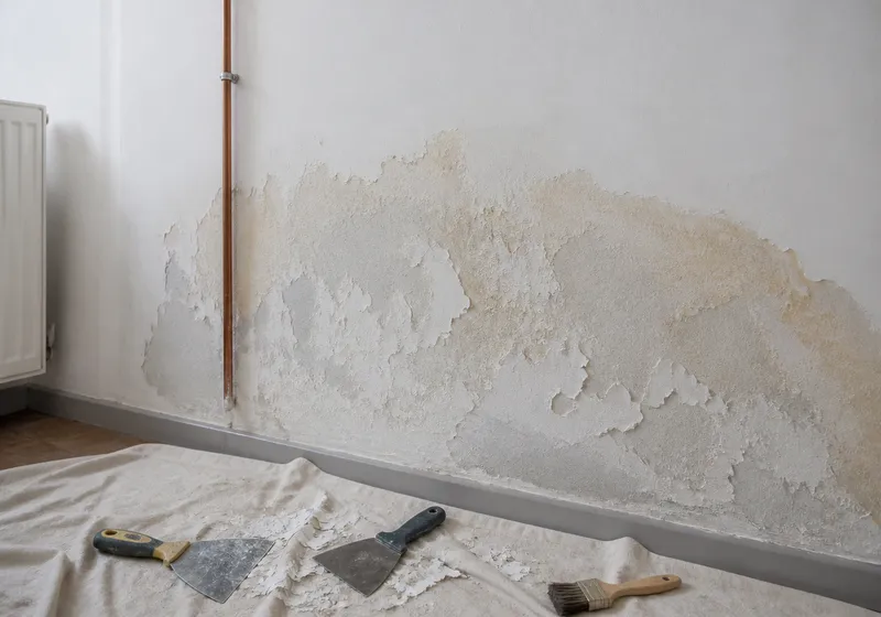 Humedad en pared junto a tubería vista durante una reparación de fugas de fontanería en Madrid