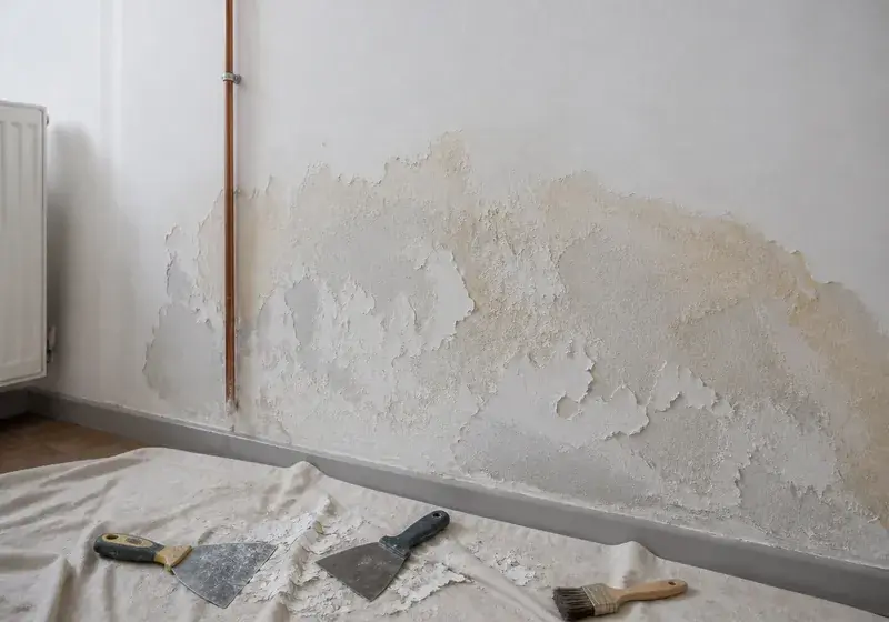 Humedad en pared junto a tubería vista durante una reparación de fugas de fontanería en Madrid
