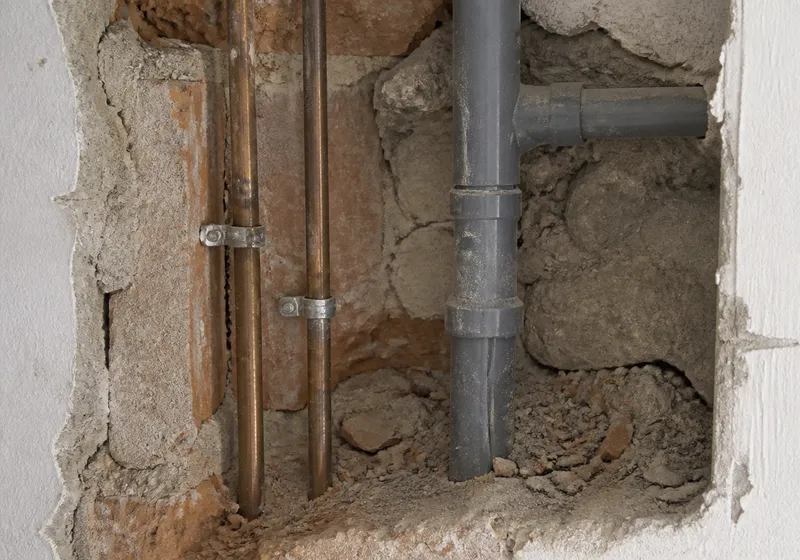 Tuberías de agua vistas en un cuarto técnico de una vivienda de Madrid durante una renovación de fontanería